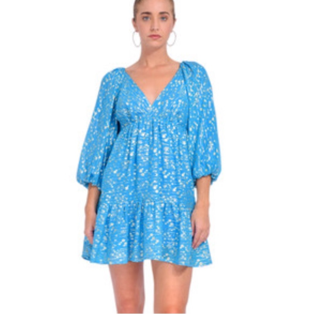 Delfi Collective Roxy Blue Puff Sleeve Mini Glitter Dress | S